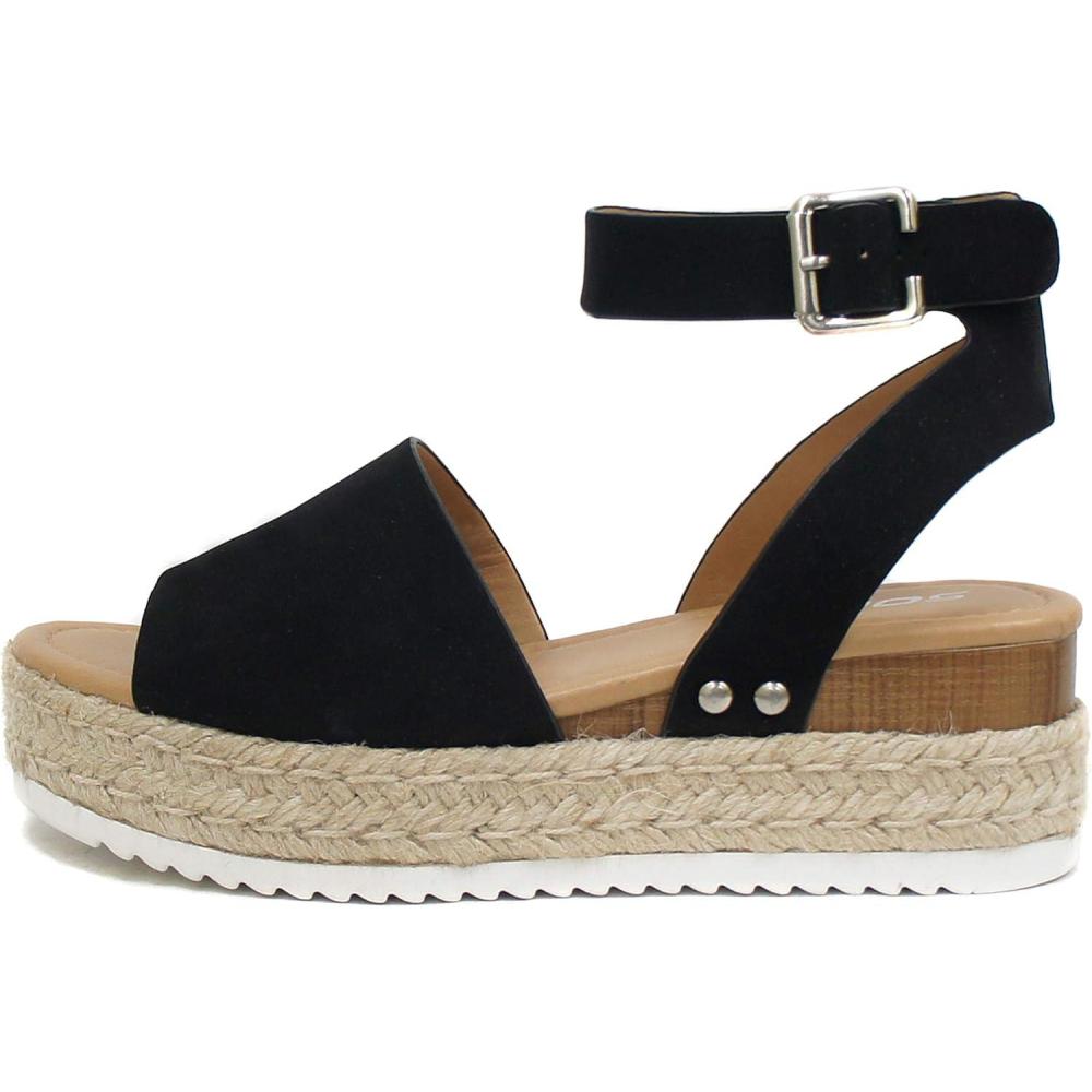 imageSoda Topic Open Toe Buckle Ankle Strap Espadrilles Flatform Wedge Casual SandalBlack