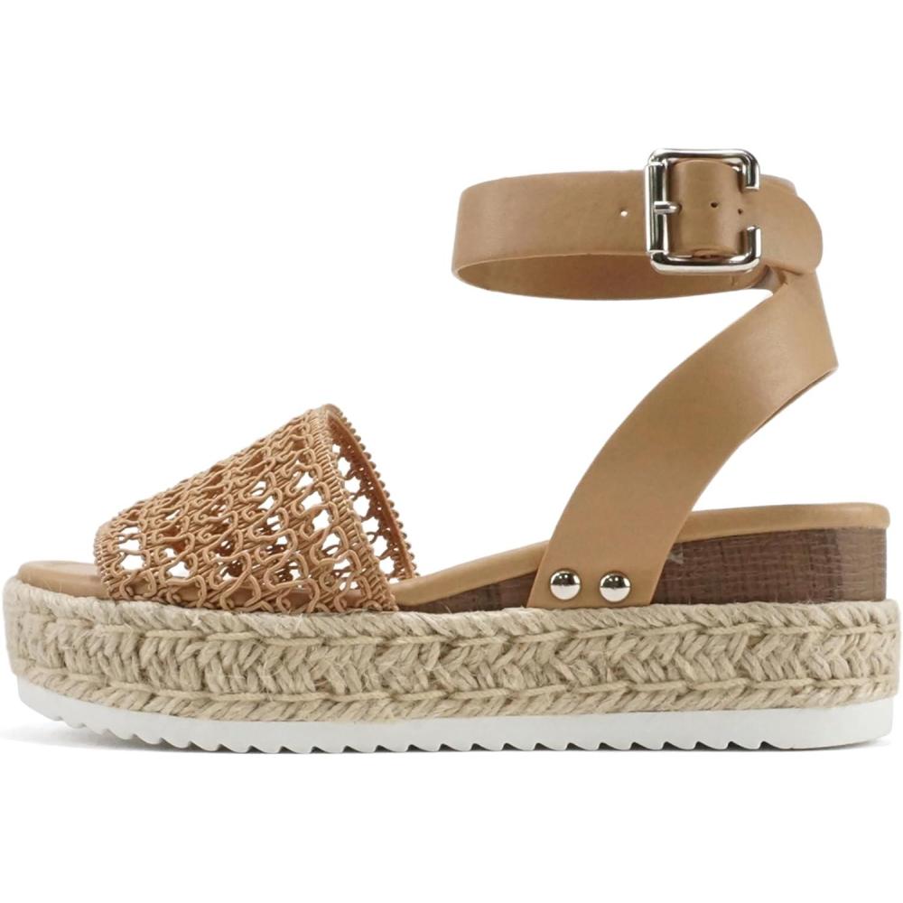 imageSoda Topic Open Toe Buckle Ankle Strap Espadrilles Flatform Wedge Casual SandalBraided Camel