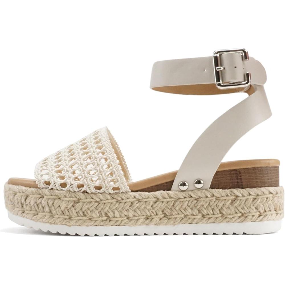 imageSoda Topic Open Toe Buckle Ankle Strap Espadrilles Flatform Wedge Casual SandalBraided Ivory
