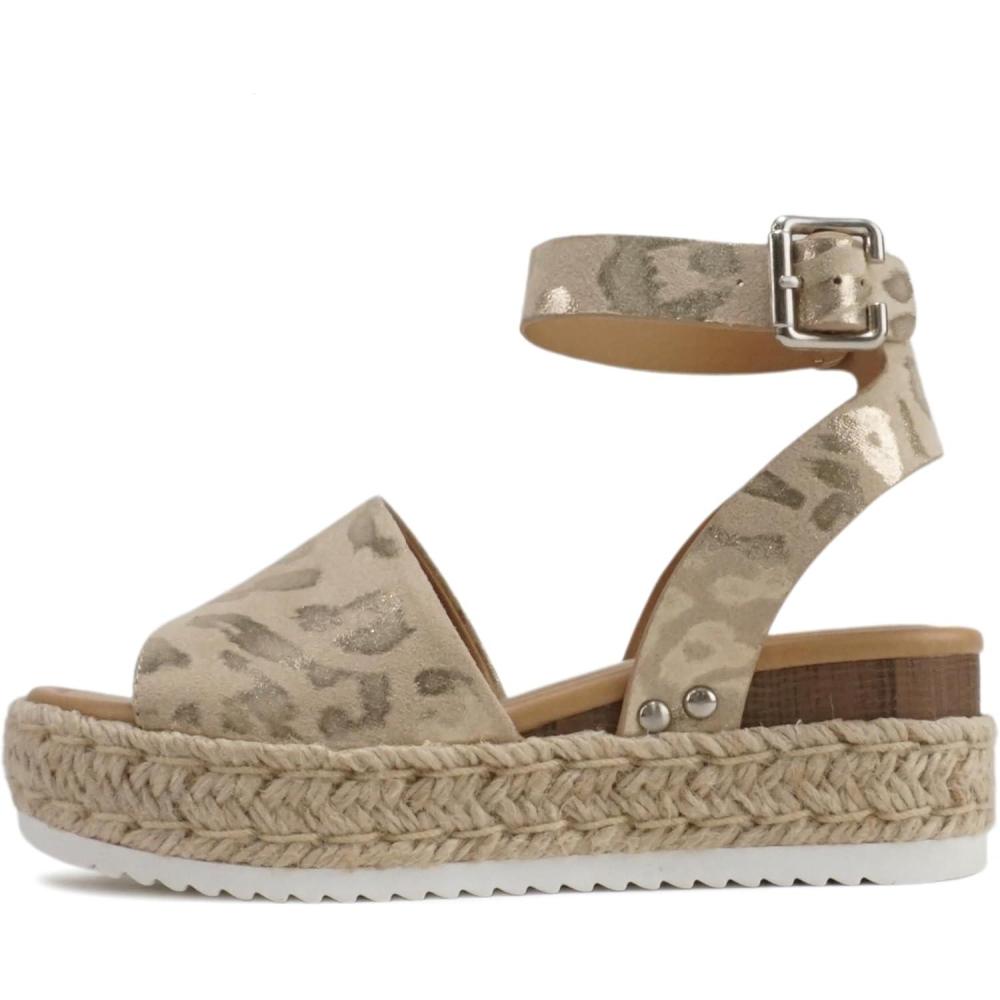 imageSoda Topic Open Toe Buckle Ankle Strap Espadrilles Flatform Wedge Casual SandalMetallic Cheetah