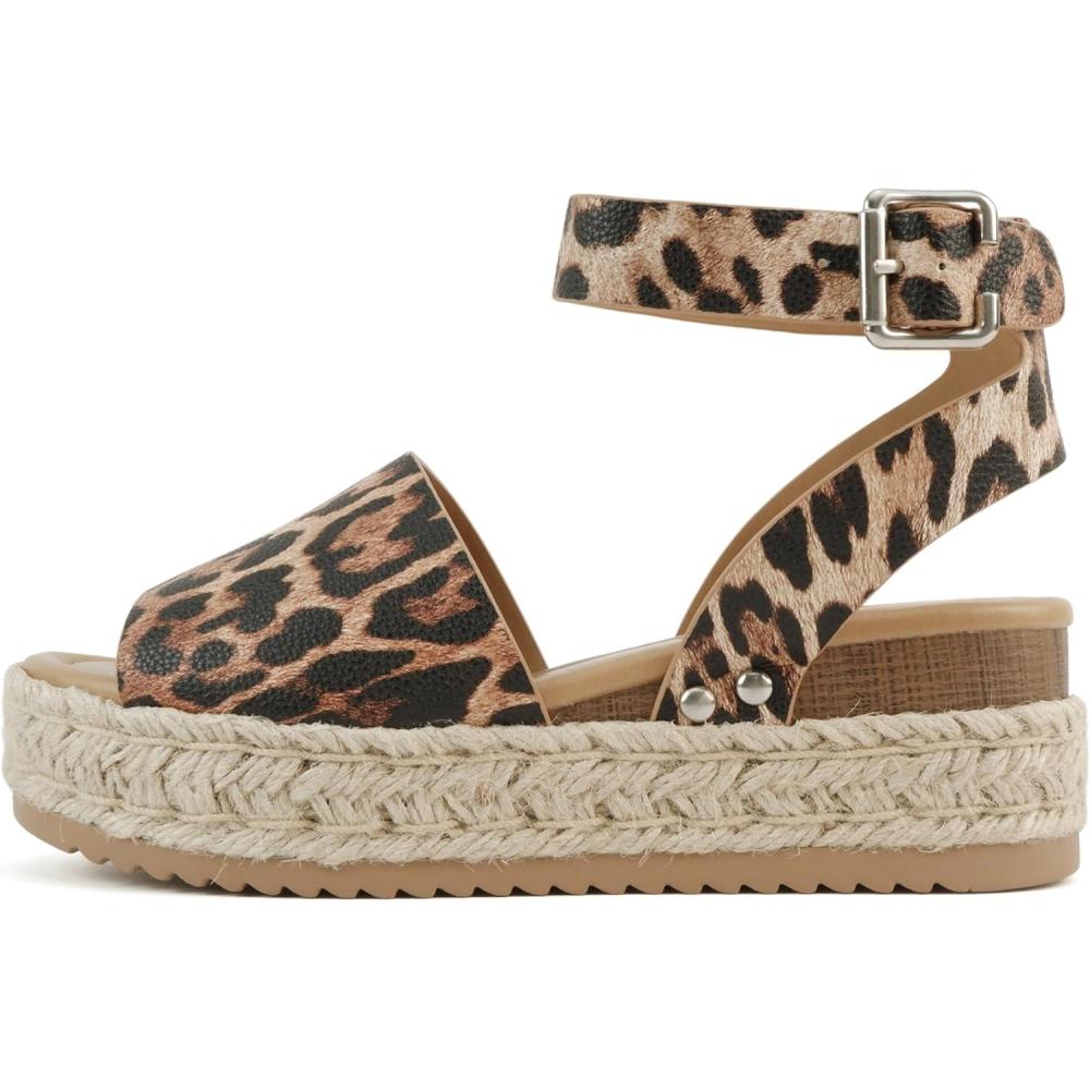 imageSoda Topic Open Toe Buckle Ankle Strap Espadrilles Flatform Wedge Casual SandalNatural Leopard