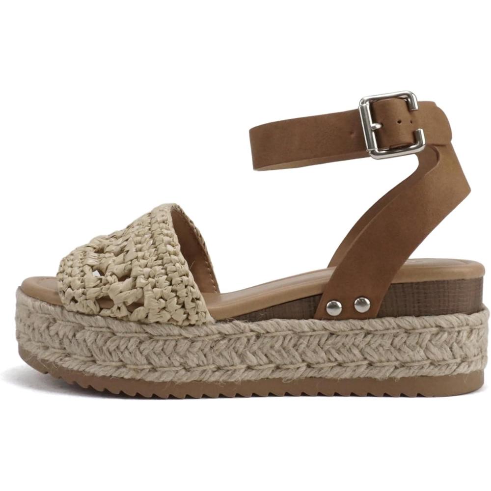 imageSoda Topic Open Toe Buckle Ankle Strap Espadrilles Flatform Wedge Casual SandalRaffia