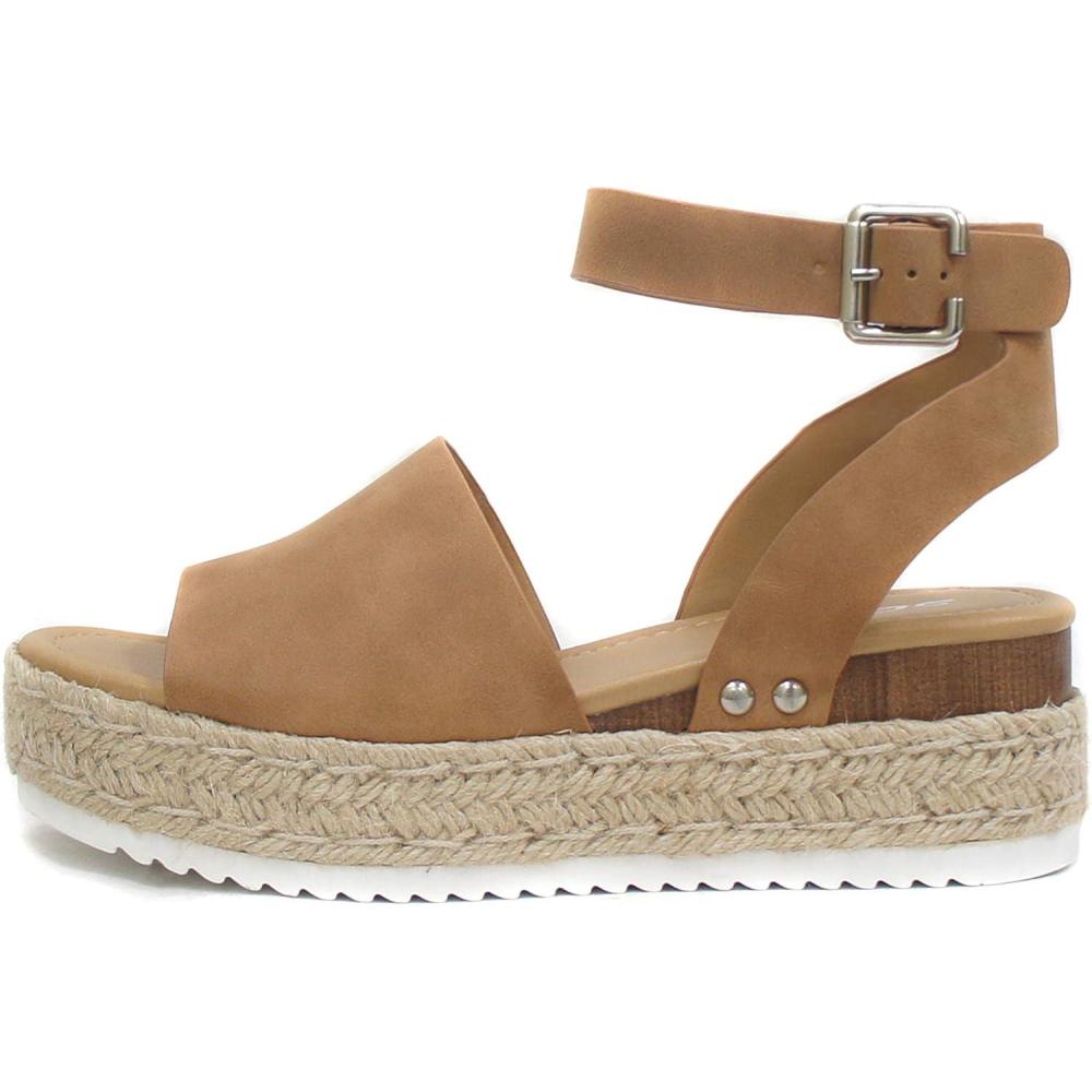 imageSoda Topic Open Toe Buckle Ankle Strap Espadrilles Flatform Wedge Casual SandalTan Nubuck