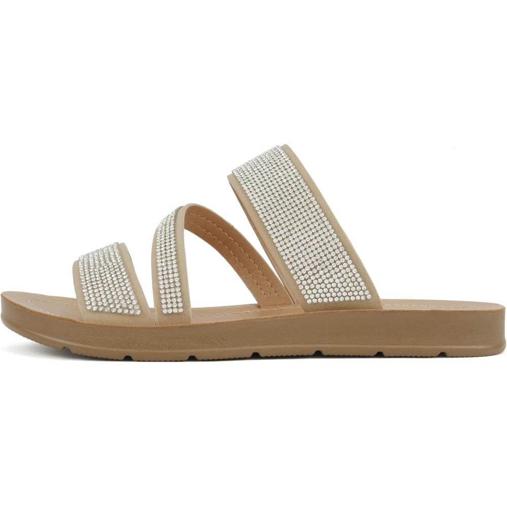 imageSoda Zeal  Women Open Toe Rhinestone Multi Band Slide SandalsDark Natural Nubuck
