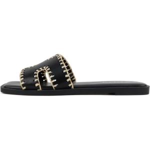 Soda Finity ~ Women Square Toe H-Band Slide Sandals with Raffia Details(Black Pu)
