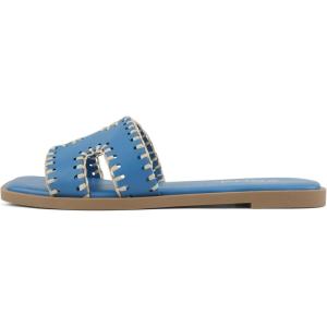 Soda Finity ~ Women Square Toe H-Band Slide Sandals with Raffia Details(Blue Pu)