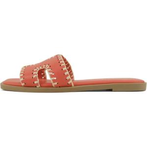 Soda Finity ~ Women Square Toe H-Band Slide Sandals with Raffia Details(Bright Orange Pu)