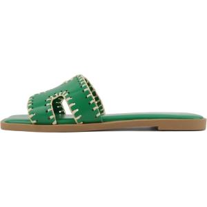 Soda Finity ~ Women Square Toe H-Band Slide Sandals with Raffia Details(Kelly Green Pu)