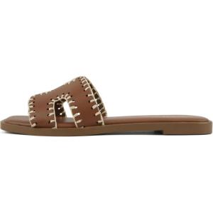 Soda Finity ~ Women Square Toe H-Band Slide Sandals with Raffia Details(Tan Pu)