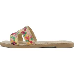 Soda Gymnic ~ Women Square Toe Embroidered H-Band Flat Slide Sandals(Raffia)