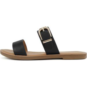 Soda Intent ~ Women Round Toe Double Band Flat Slide Sandals with Buckle Strap(Black Pu)