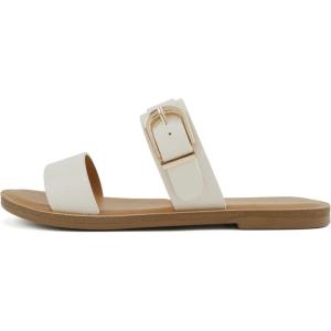 Soda Intent ~ Women Round Toe Double Band Flat Slide Sandals with Buckle Strap(Ivory Pu)