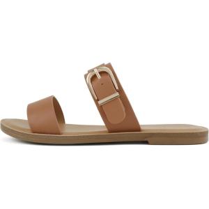 Soda Intent ~ Women Round Toe Double Band Flat Slide Sandals with Buckle Strap(Tan Pu)