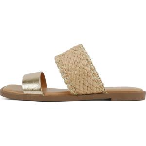 Soda Lysett ~ Women Square Toe Double Band Lug Slide Sandals(Gold/Raffia)