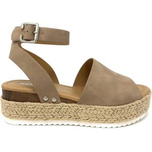Soda Topic Open Toe Buckle Ankle Strap Espadrilles Flatform Wedge Casual Sandal(Beige)