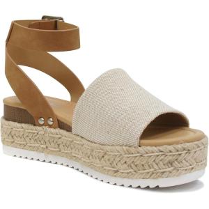 Soda Topic Open Toe Buckle Ankle Strap Espadrilles Flatform Wedge Casual Sandal(Beige Tan)