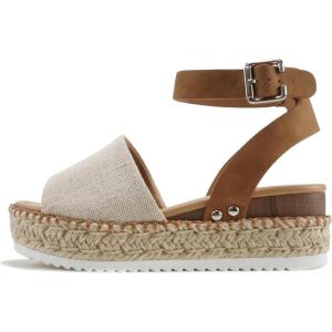 Soda Topic Open Toe Buckle Ankle Strap Espadrilles Flatform Wedge Casual Sandal(Bg/Tan (Whipped Stitch))