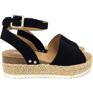 Soda Topic Open Toe Buckle Ankle Strap Espadrilles Flatform Wedge Casual Sandal(Black New)