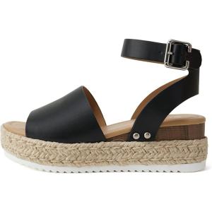 Soda Topic Open Toe Buckle Ankle Strap Espadrilles Flatform Wedge Casual Sandal(Black Pu)