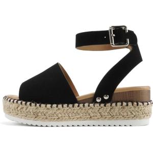 Soda Topic Open Toe Buckle Ankle Strap Espadrilles Flatform Wedge Casual Sandal(Blk Nbpu (Whipped Stitch))
