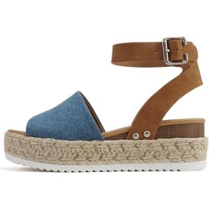 Soda Topic Open Toe Buckle Ankle Strap Espadrilles Flatform Wedge Casual Sandal(Denim/Tan)