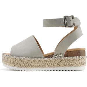 Soda Topic Open Toe Buckle Ankle Strap Espadrilles Flatform Wedge Casual Sandal(Dv Grey (Whipped Stitch))