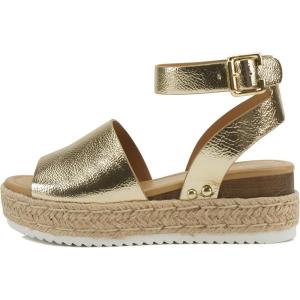 Soda Topic Open Toe Buckle Ankle Strap Espadrilles Flatform Wedge Casual Sandal(Gold)