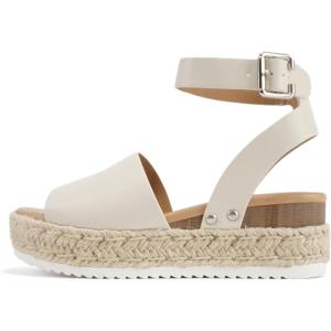 Soda Topic Open Toe Buckle Ankle Strap Espadrilles Flatform Wedge Casual Sandal(Ivory Pu)
