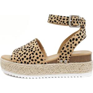 Soda Topic Open Toe Buckle Ankle Strap Espadrilles Flatform Wedge Casual Sandal(Leopard)