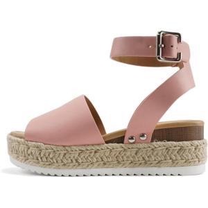 Soda Topic Open Toe Buckle Ankle Strap Espadrilles Flatform Wedge Casual Sandal(Light Pink Pu)