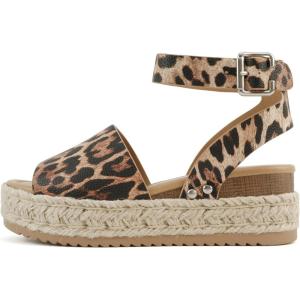 Soda Topic Open Toe Buckle Ankle Strap Espadrilles Flatform Wedge Casual Sandal(Natural Leopard)