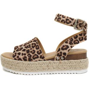 Soda Topic Open Toe Buckle Ankle Strap Espadrilles Flatform Wedge Casual Sandal(Oat Cheetah)