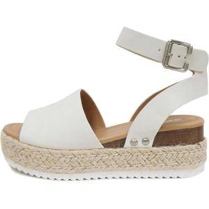 Soda Topic Open Toe Buckle Ankle Strap Espadrilles Flatform Wedge Casual Sandal(Off-white)