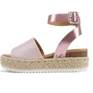 Soda Topic Open Toe Buckle Ankle Strap Espadrilles Flatform Wedge Casual Sandal(Pink Multi)