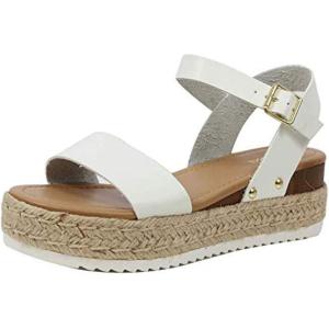 Soda Topic Open Toe Buckle Ankle Strap Espadrilles Flatform Wedge Casual Sandal(Whiteclp)