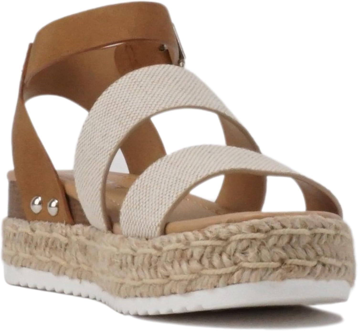 imageSoda BRYCE2 KidsChildrenGirls Open Toe Two Bands Espadrille Jute Platform Wedge Casual Fashion Flatform Sandals with Buckle Ankle StrapBeige CanvasTan