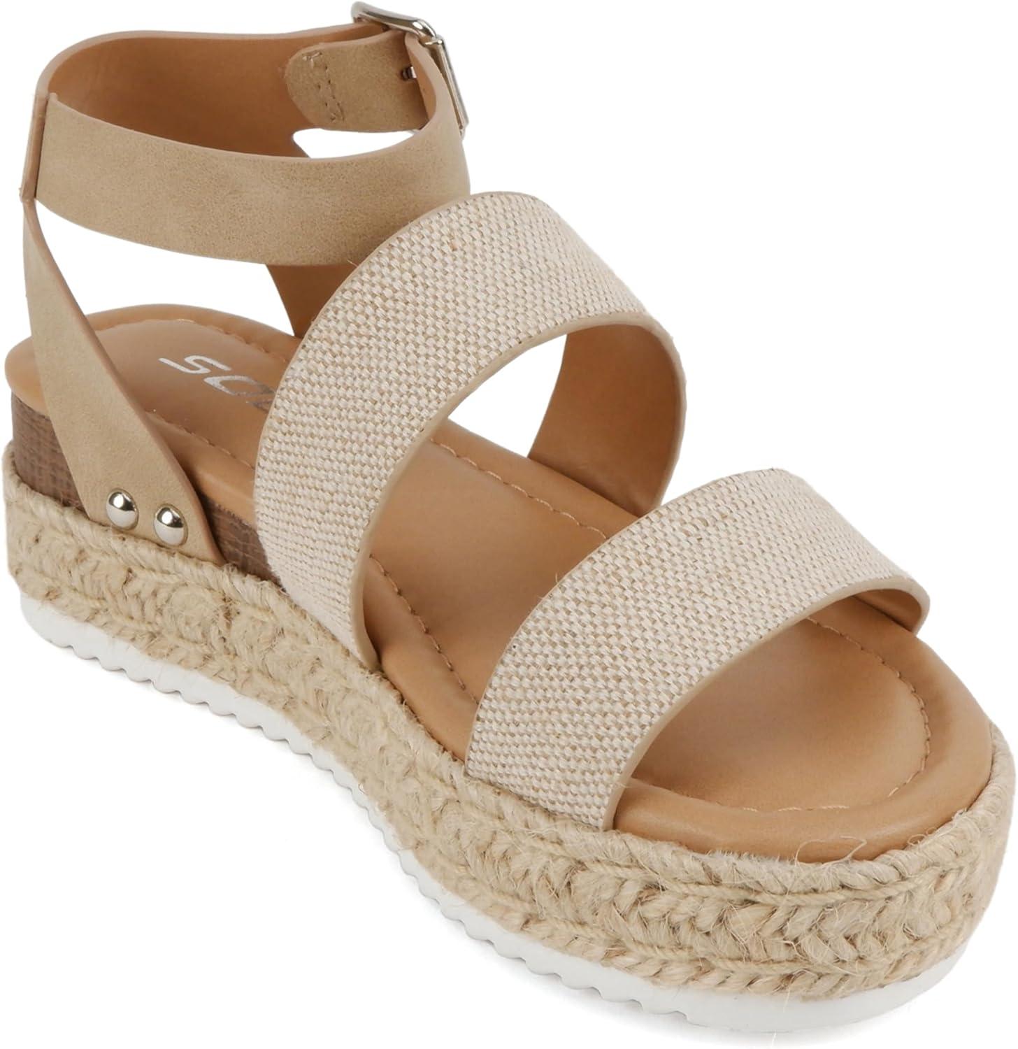 imageSoda BRYCE2 KidsChildrenGirls Open Toe Two Bands Espadrille Jute Platform Wedge Casual Fashion Flatform Sandals with Buckle Ankle StrapBeige CanvasTaupe