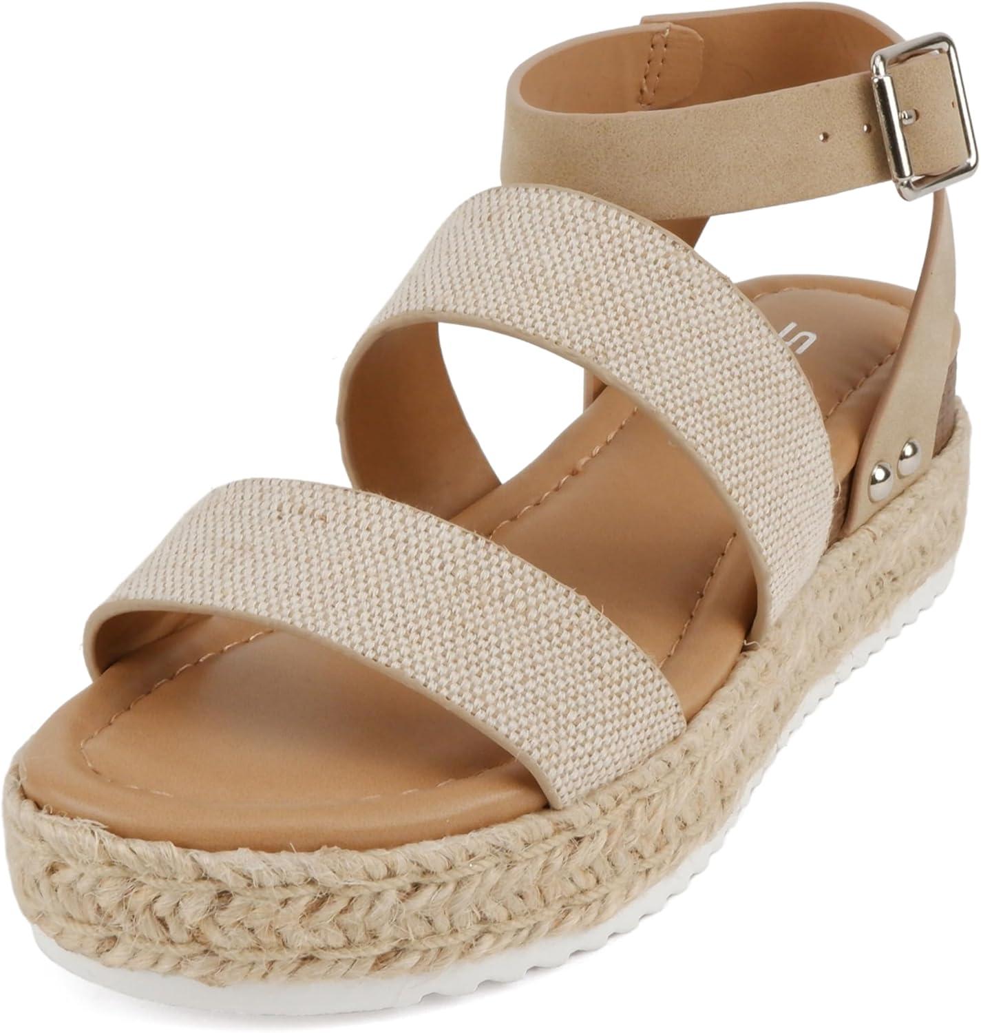 imageSoda BRYCE2 KidsChildrenGirls Open Toe Two Bands Espadrille Jute Platform Wedge Casual Fashion Flatform Sandals with Buckle Ankle StrapBeige CanvasTaupe
