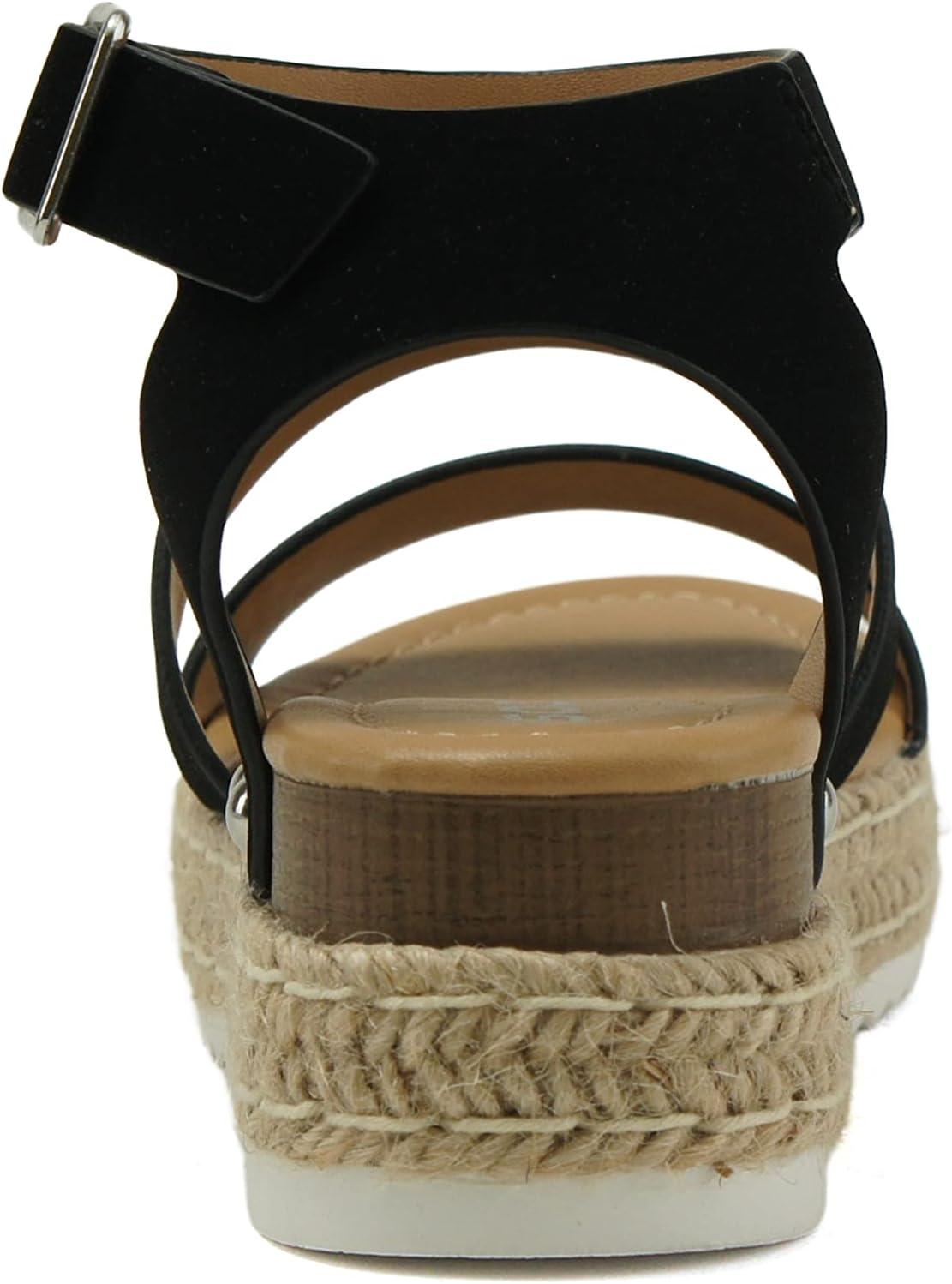 imageSoda BRYCE2 KidsChildrenGirls Open Toe Two Bands Espadrille Jute Platform Wedge Casual Fashion Flatform Sandals with Buckle Ankle StrapBlack Nubuck