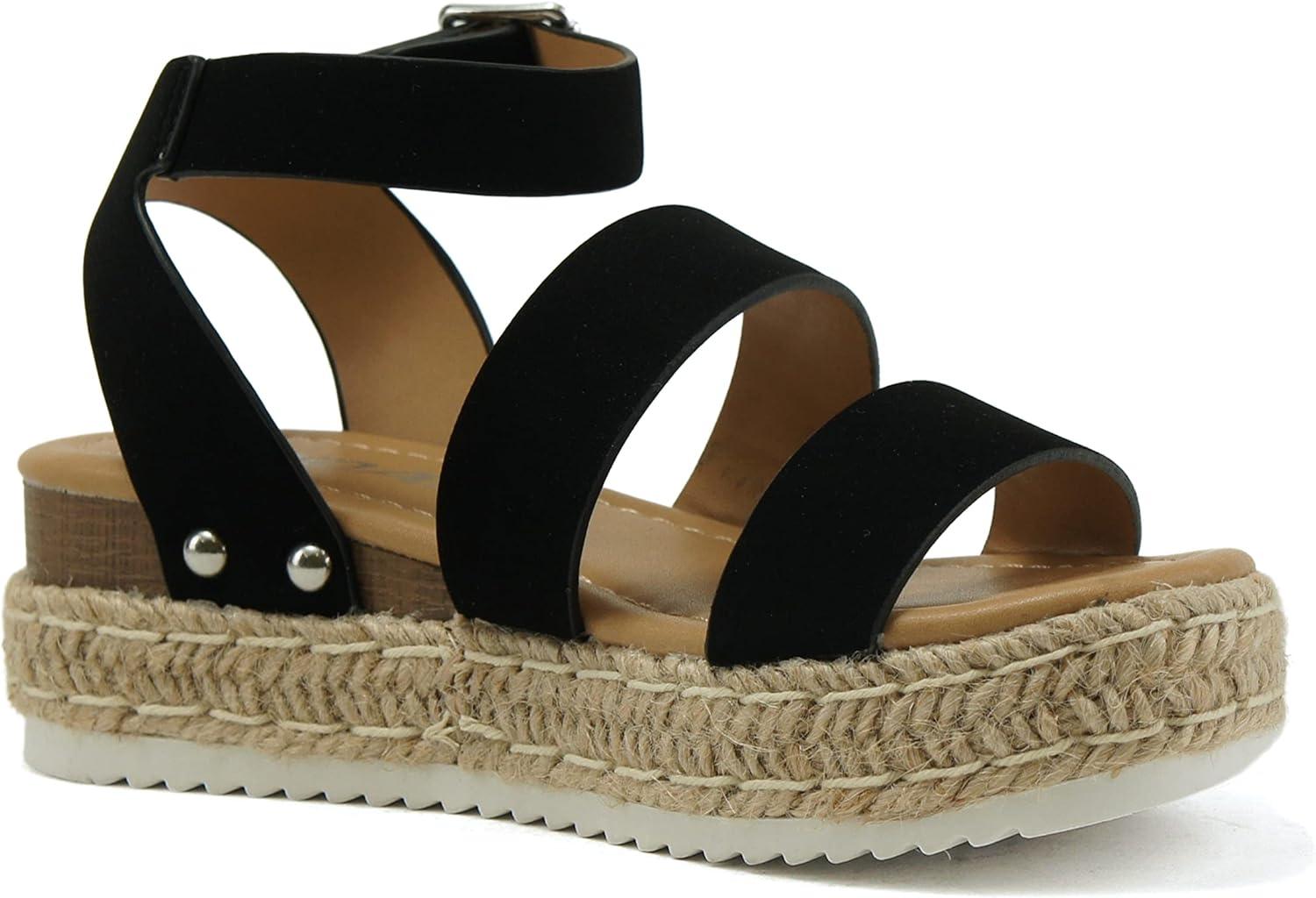 imageSoda BRYCE2 KidsChildrenGirls Open Toe Two Bands Espadrille Jute Platform Wedge Casual Fashion Flatform Sandals with Buckle Ankle StrapBlack Nubuck
