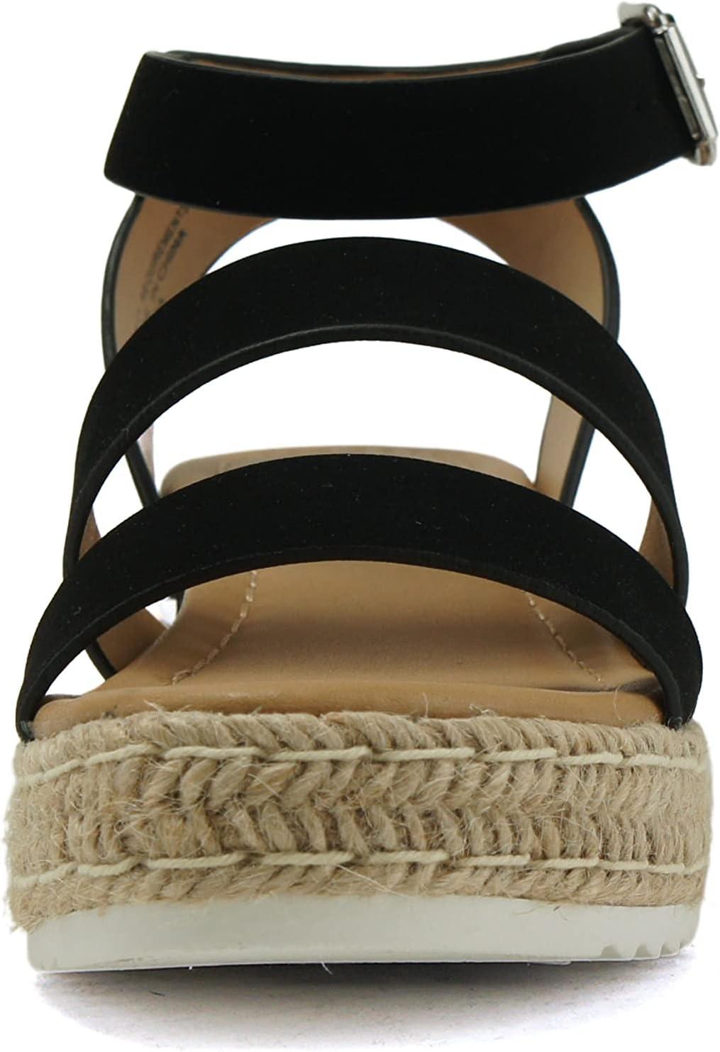 imageSoda BRYCE2 KidsChildrenGirls Open Toe Two Bands Espadrille Jute Platform Wedge Casual Fashion Flatform Sandals with Buckle Ankle StrapBlack Nubuck