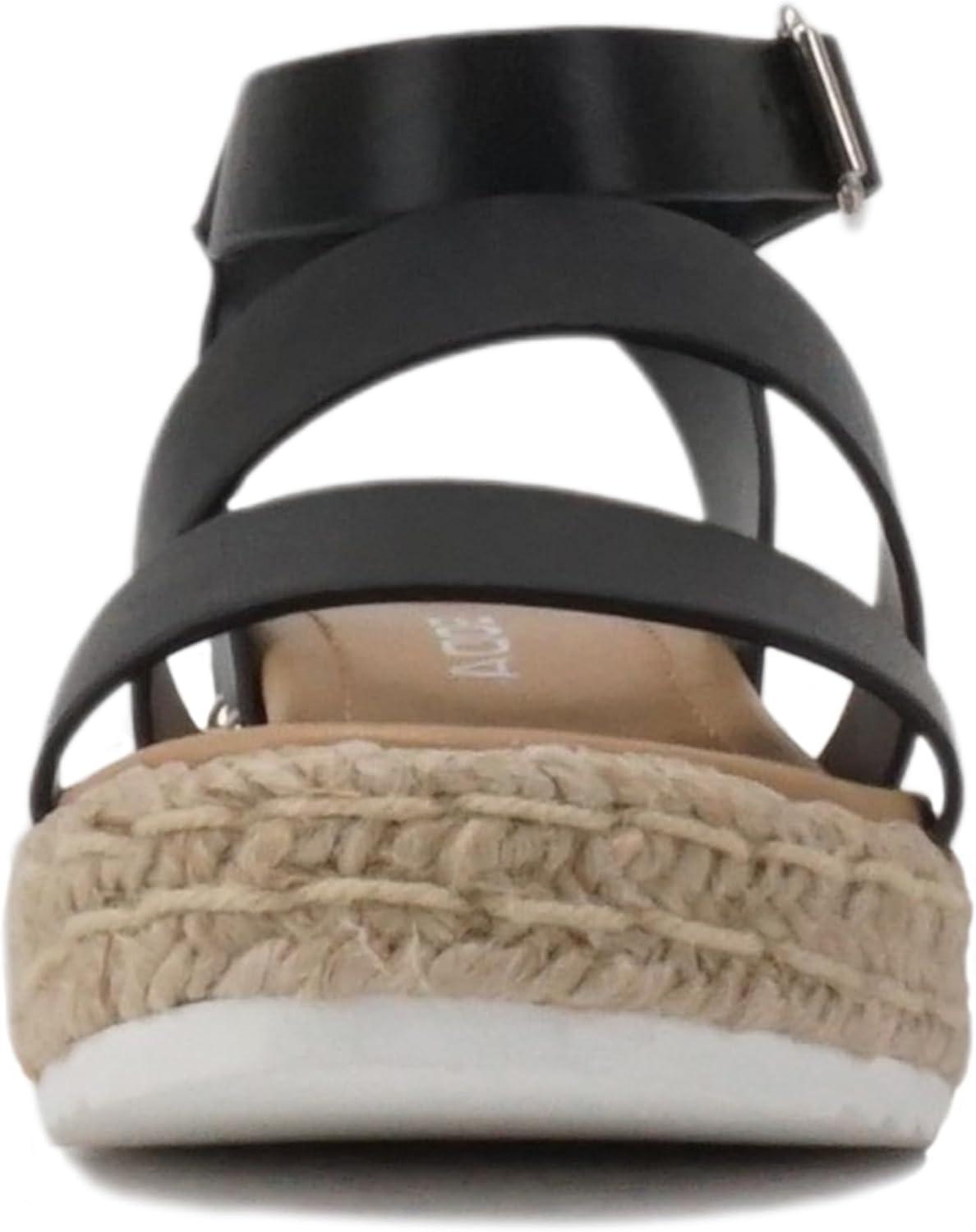imageSoda BRYCE2 KidsChildrenGirls Open Toe Two Bands Espadrille Jute Platform Wedge Casual Fashion Flatform Sandals with Buckle Ankle StrapBlack Pu