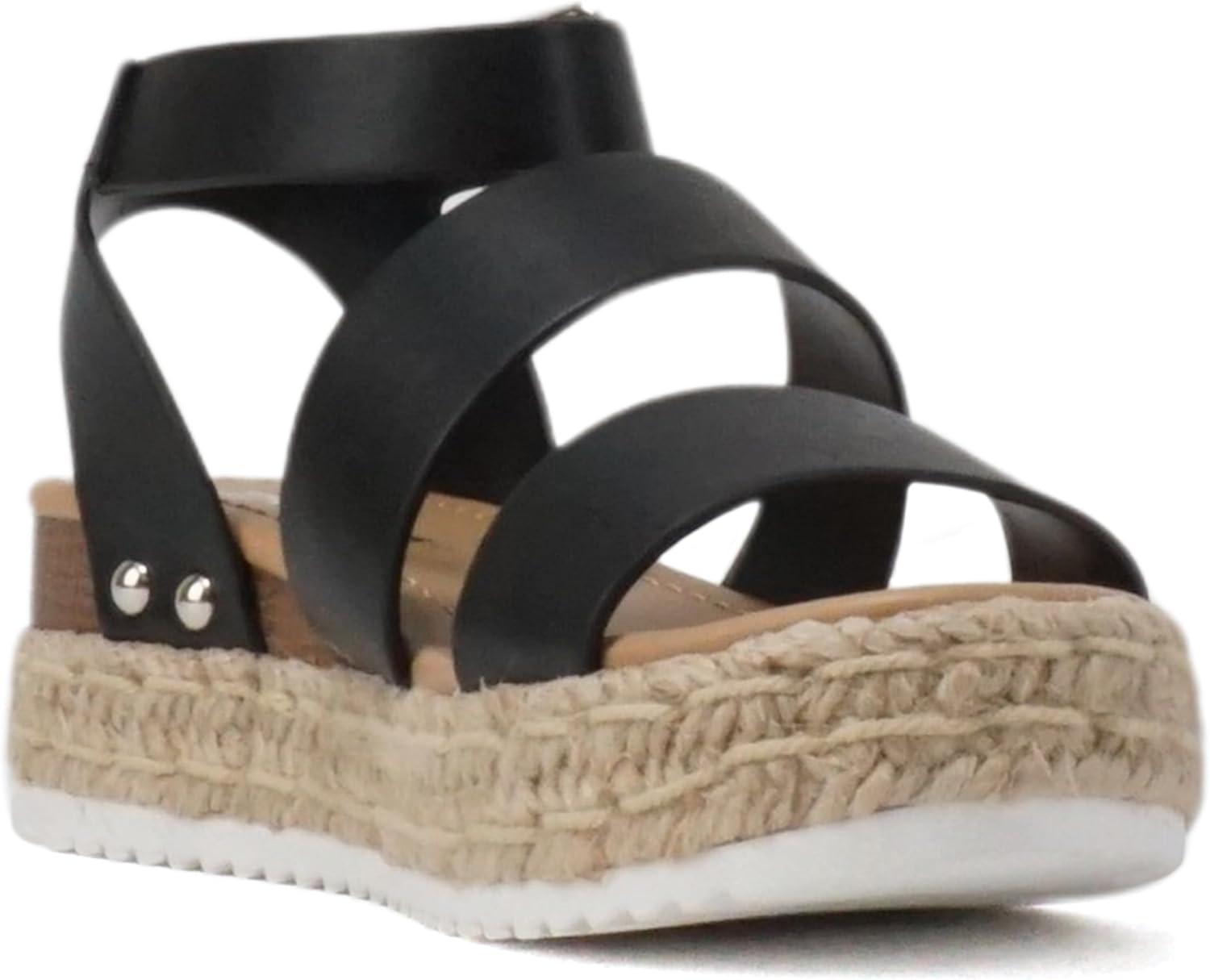 imageSoda BRYCE2 KidsChildrenGirls Open Toe Two Bands Espadrille Jute Platform Wedge Casual Fashion Flatform Sandals with Buckle Ankle StrapBlack Pu