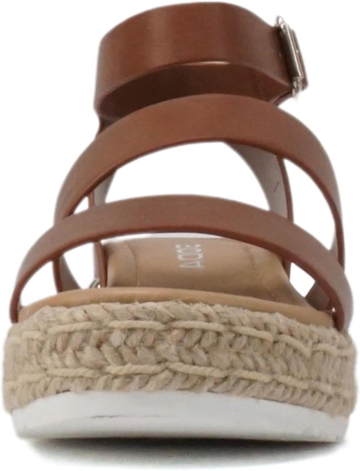 imageSoda BRYCE2 KidsChildrenGirls Open Toe Two Bands Espadrille Jute Platform Wedge Casual Fashion Flatform Sandals with Buckle Ankle StrapCognac Pu