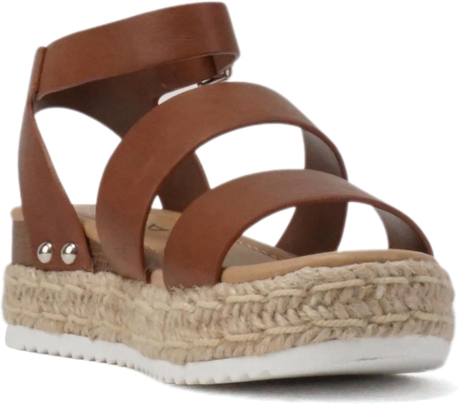 imageSoda BRYCE2 KidsChildrenGirls Open Toe Two Bands Espadrille Jute Platform Wedge Casual Fashion Flatform Sandals with Buckle Ankle StrapCognac Pu