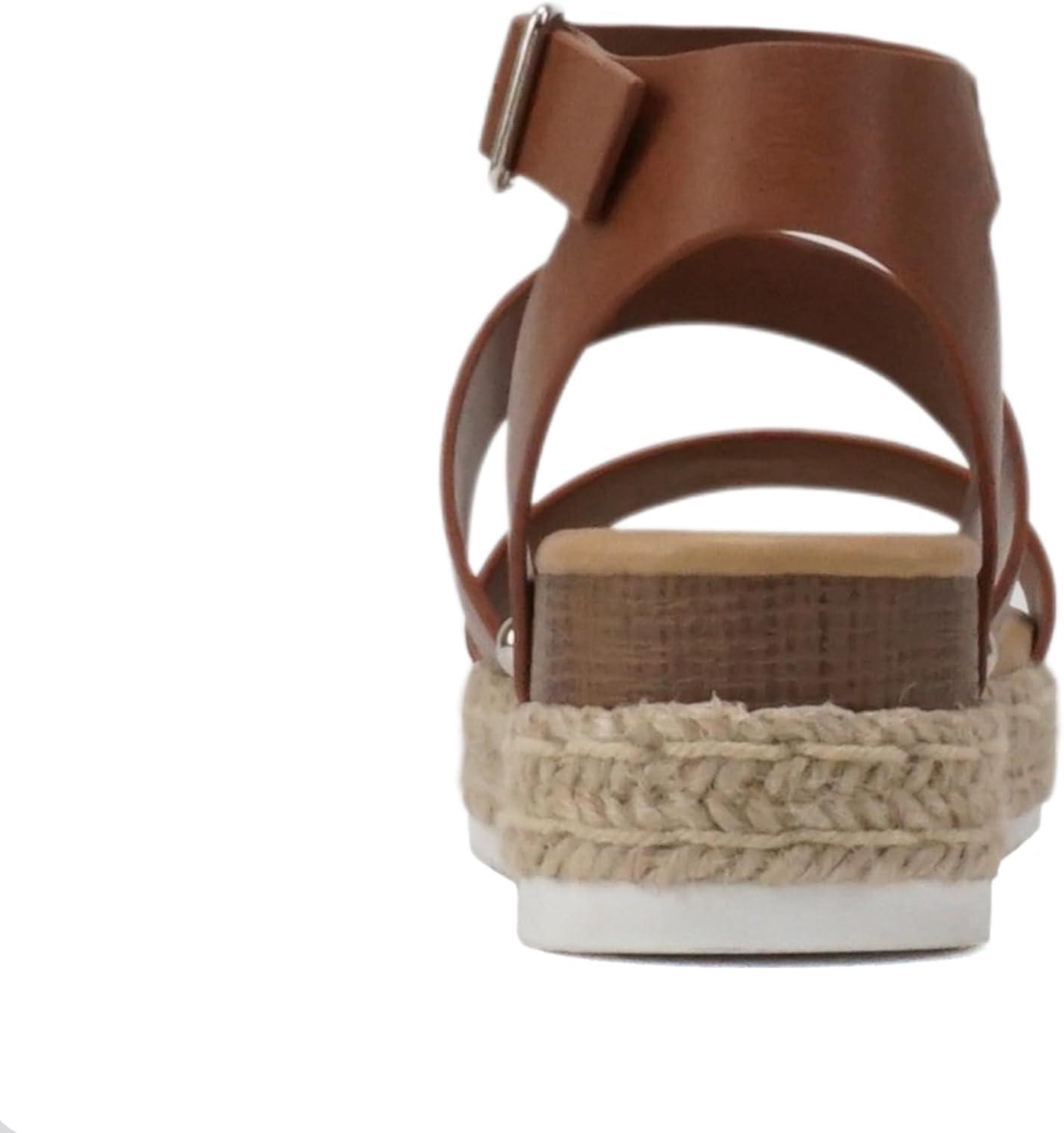 imageSoda BRYCE2 KidsChildrenGirls Open Toe Two Bands Espadrille Jute Platform Wedge Casual Fashion Flatform Sandals with Buckle Ankle StrapCognac Pu