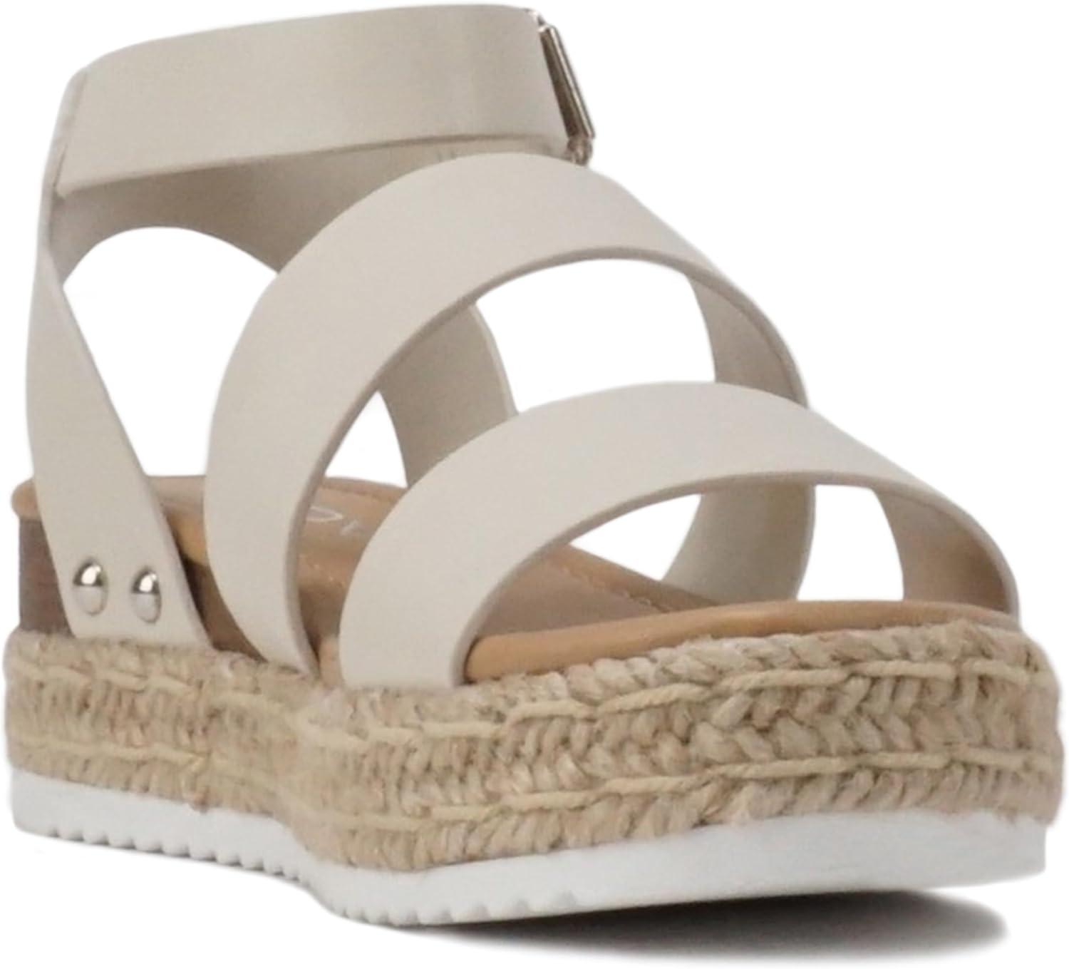 imageSoda BRYCE2 KidsChildrenGirls Open Toe Two Bands Espadrille Jute Platform Wedge Casual Fashion Flatform Sandals with Buckle Ankle StrapIvory Pu