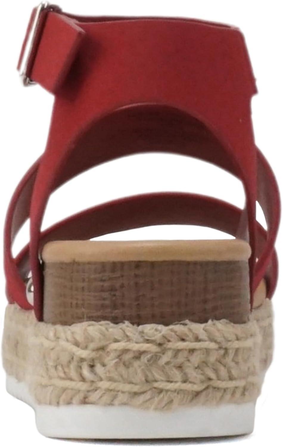 imageSoda BRYCE2 KidsChildrenGirls Open Toe Two Bands Espadrille Jute Platform Wedge Casual Fashion Flatform Sandals with Buckle Ankle StrapLipstick Red Nubuck