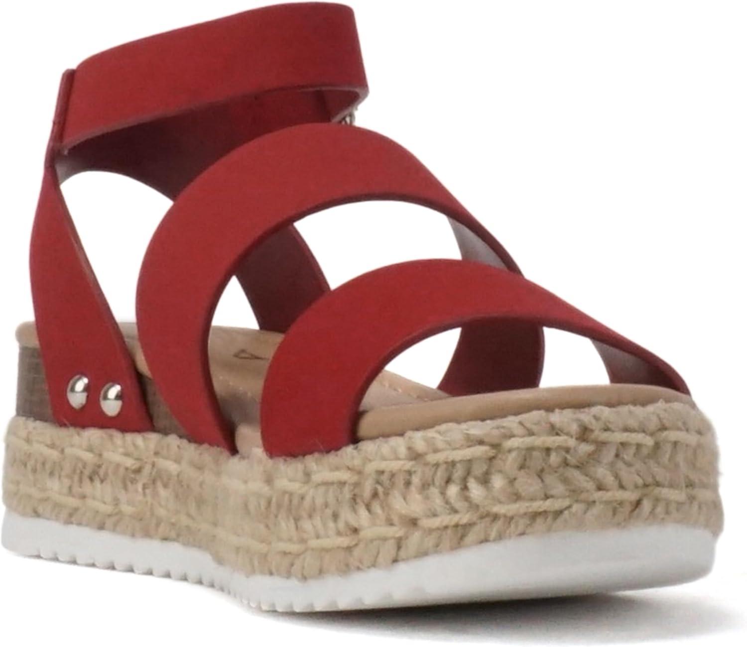 imageSoda BRYCE2 KidsChildrenGirls Open Toe Two Bands Espadrille Jute Platform Wedge Casual Fashion Flatform Sandals with Buckle Ankle StrapLipstick Red Nubuck
