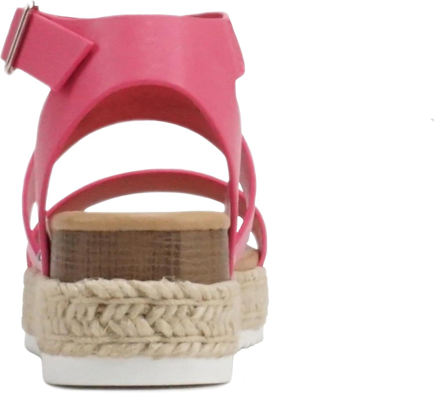 imageSoda BRYCE2 KidsChildrenGirls Open Toe Two Bands Espadrille Jute Platform Wedge Casual Fashion Flatform Sandals with Buckle Ankle StrapPink Pu